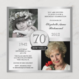 Silver 70th Birthday Invitations Then & Now Photos