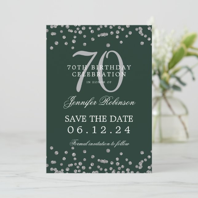 Silver 70th Birthday Save Date Confetti Green  Invitation (Standing Front)