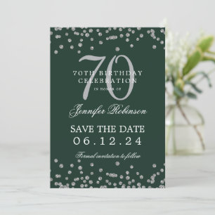 Silver 70th Birthday Save Date Confetti Green  Invitation