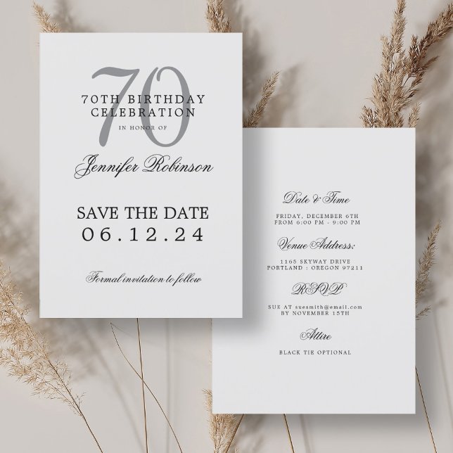 Silver 70th Birthday Save the Date Details Invitation (Silver 70th Birthday Save the Date Details Invitation)