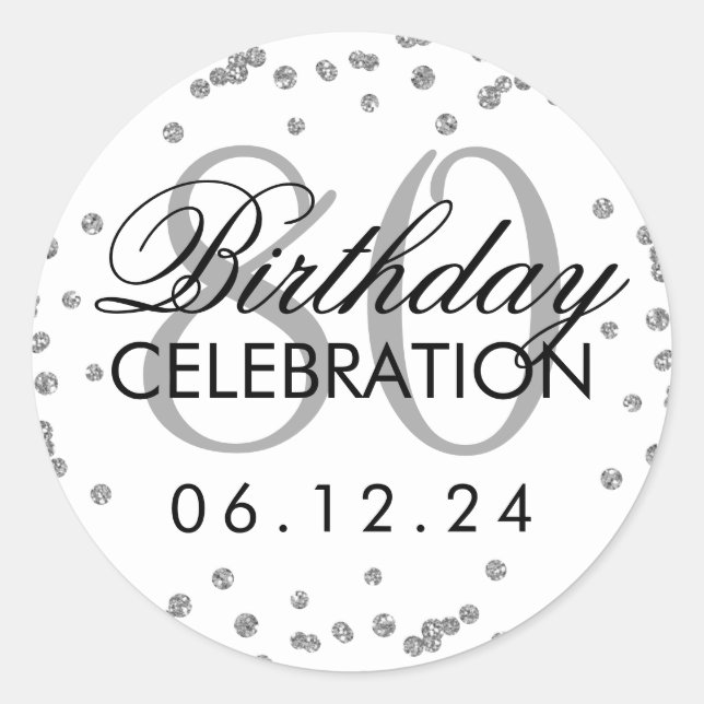 Silver 80th Birthday Glitter Confetti Classic Round Sticker (Front)