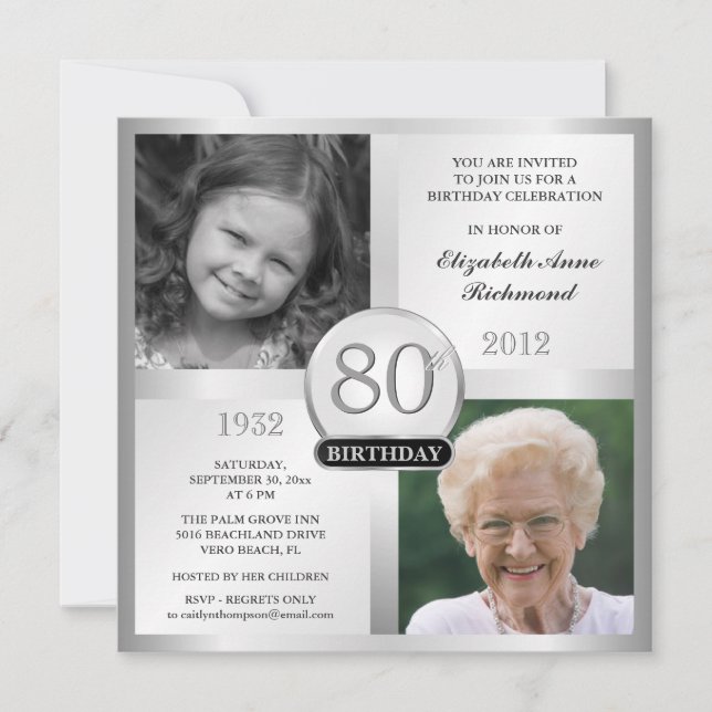 Silver 80th Birthday Invitations Then & Now Photos (Front)