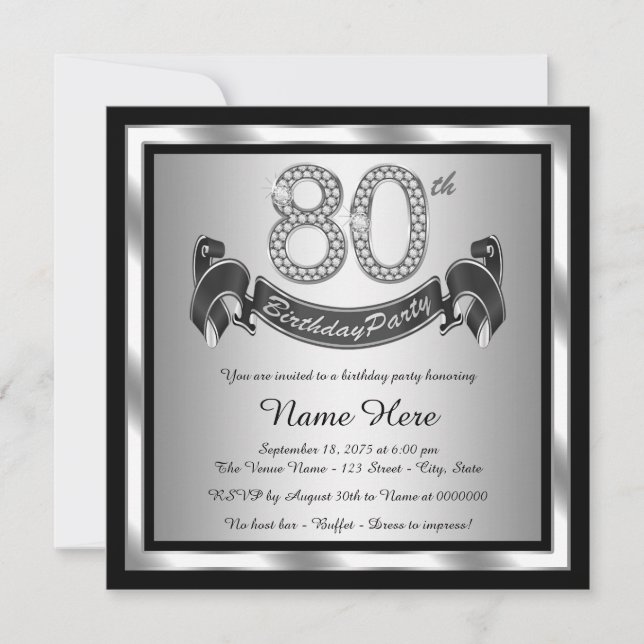 Silver 80th Birthday Party Invitation (Front)