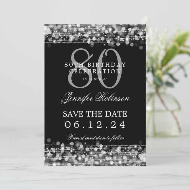 Silver 80th Birthday Save the Date w/ Details Invitation (Standing Front)