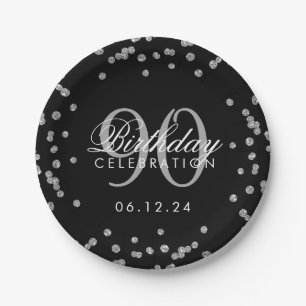 Silver 90th Birthday Glitter Confetti Black Paper Plate