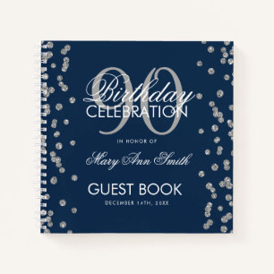Silver 90th Birthday Guestbook Confetti Navy Blue Notebook