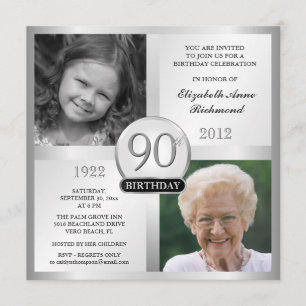 Silver 90th Birthday Invitations Then & Now Photos