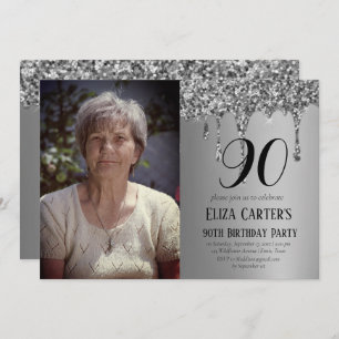 Silver 90th Ninety Drip Elegant Birthday Invitation
