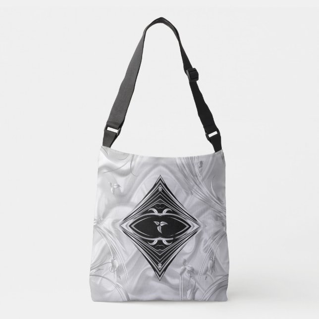 Silver Abstract flowers on Silk & Art  Crossbody Bag (Front)