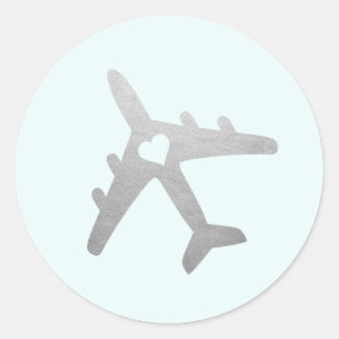 Silver Aeroplane with Heart Romantic Travel Theme Classic Round Sticker