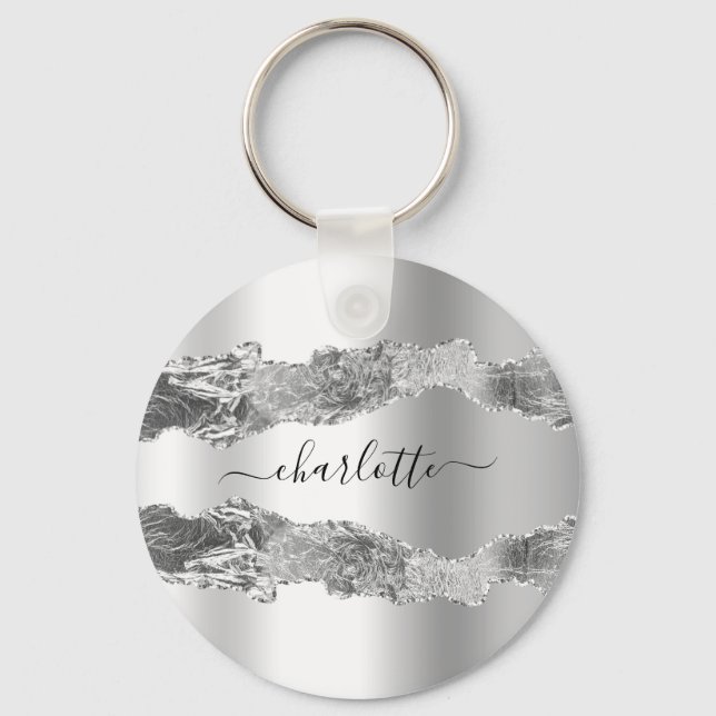 Silver agate marble name script elegant key ring (Front)