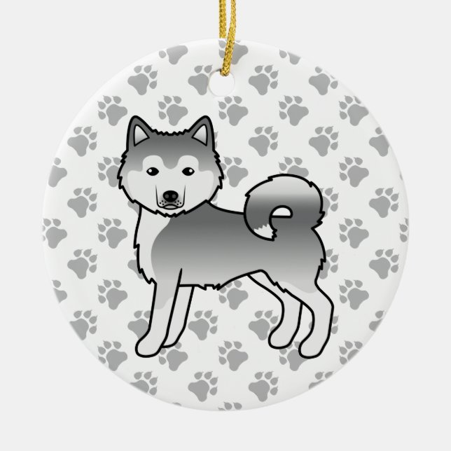 Silver Alaskan Malamute Cute Cartoon Dog Ceramic Tree Decoration (Front)