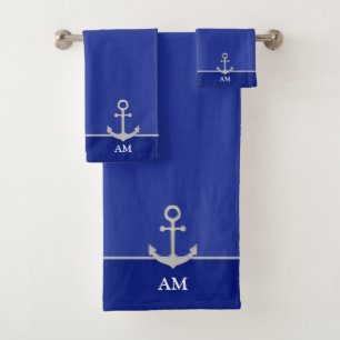 Silver Anchor & Monogram on Deep Blue Bath Towel Set