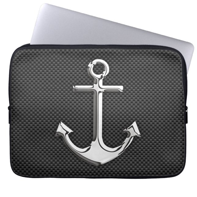 Silver Anchor on Carbon Fibre Decor Laptop Sleeve (Front)