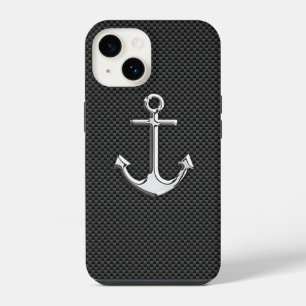Silver Anchor on Carbon Fibre iPhone 14 Case
