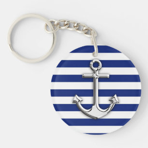 Silver Anchor on Navy Blue Stripes Key Ring