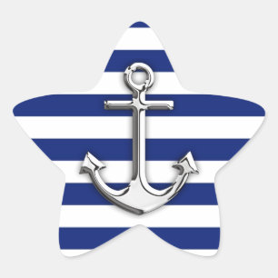 Silver Anchor on Navy Blue Stripes Star Sticker
