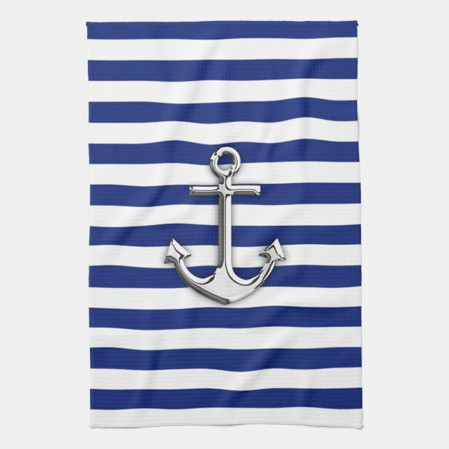 Silver Anchor on Navy Blue Stripes Tea Towel (Vertical)