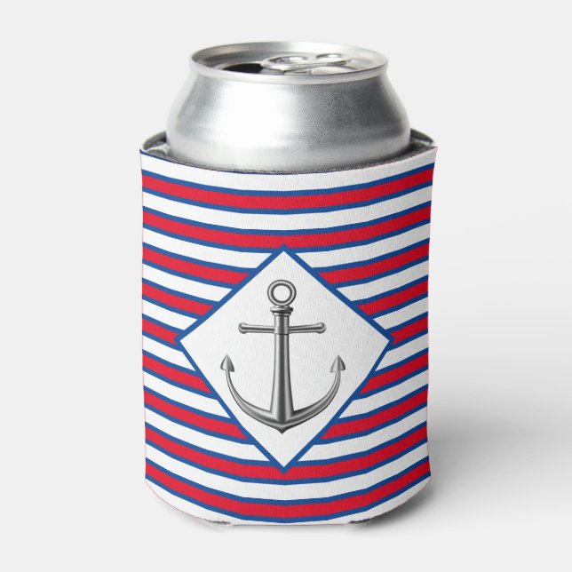 Silver Anchor With Stripes Can Cooler (Can Front)
