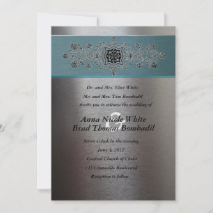 Silver and Aqua Blue Metallic Wedding Invitation