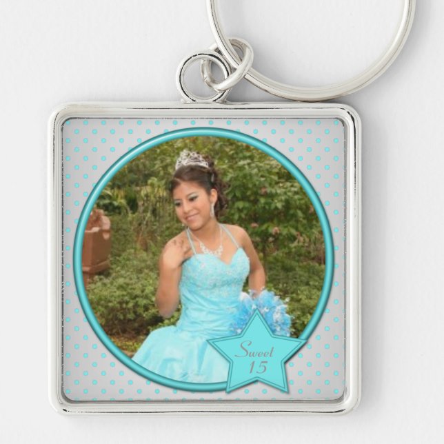 Silver and Aqua Polka Dot Quinceanera Keychain (Front)