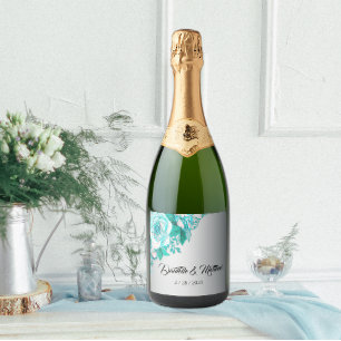 Silver and Aqua Rose Wedding Sparkling Wine Label