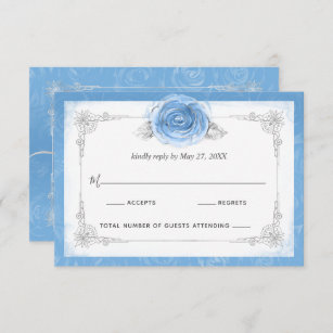 Silver and Bahama Blue Roses Elegant RSVP Card