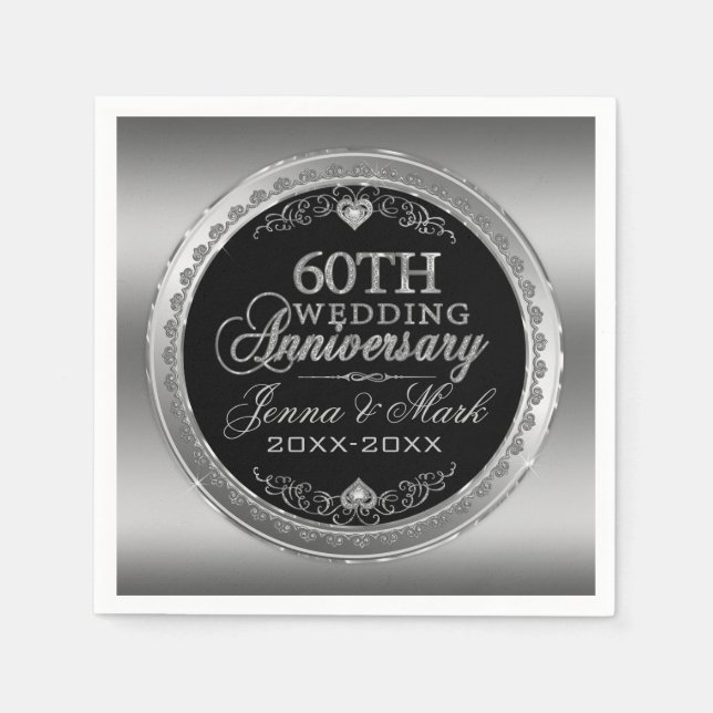Silver And Black 60th Wedding Anniversary Napkin (Front)