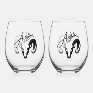 Silver and Black Aries the Ram Zodiac Stemless Wine Glass