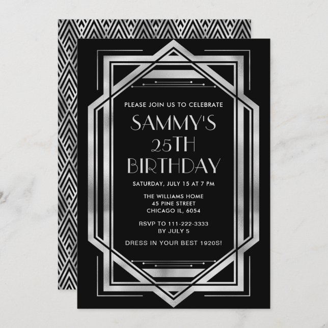 Silver and Black Art Deco Birthday Party Invitation (Front/Back)