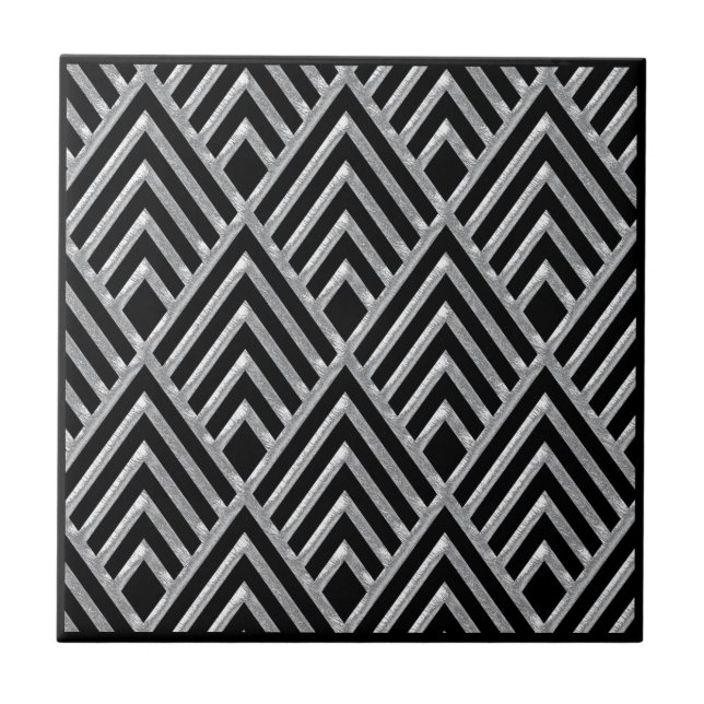 Silver and Black Art Deco Style Ceramic Tile (Front)