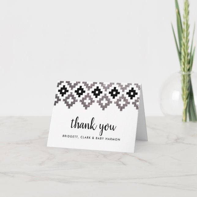 Silver and Black Boho Aztec Thank You Card (Front)