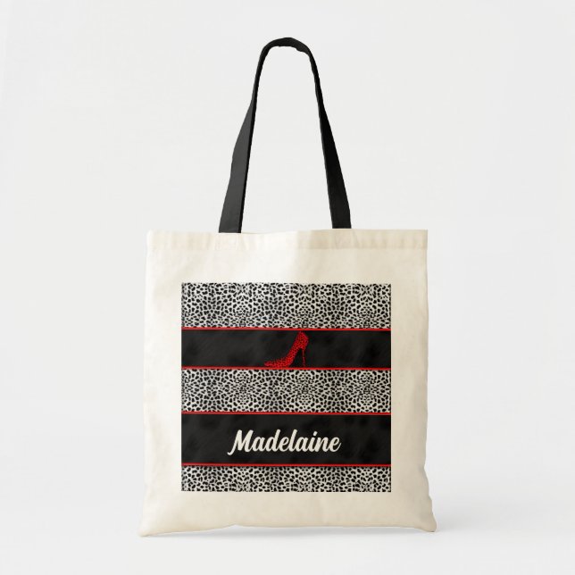 Silver and Black Cheetah with Red Name Tote Bag (Front)