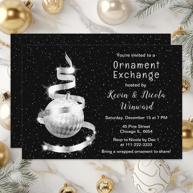 Silver and Black Christmas Ornament Exchange Invitation (Creator Uploaded)
