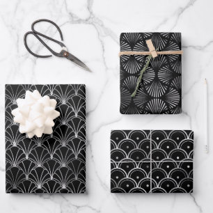 Silver and Black Circles Art Deco Pattern Wrapping Paper Sheet