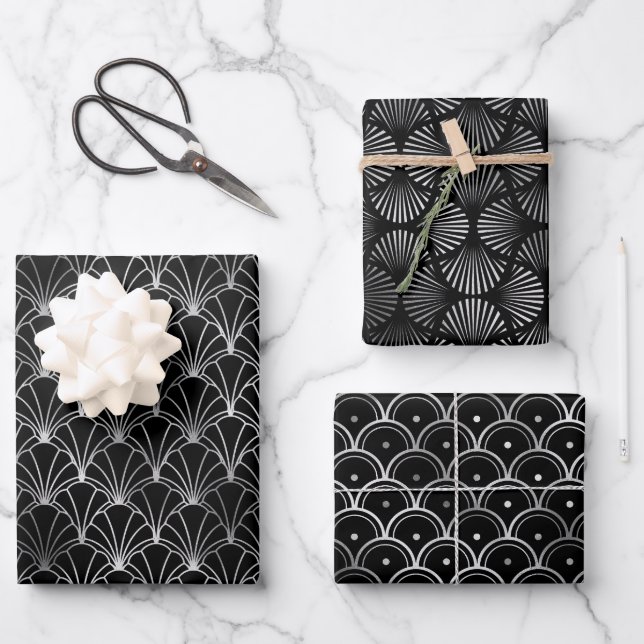 Silver and Black Circles Art Deco Pattern Wrapping Paper Sheet (Front)