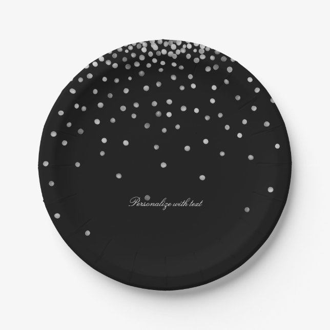 Silver and Black Confetti Dots Paper Plate (Front)