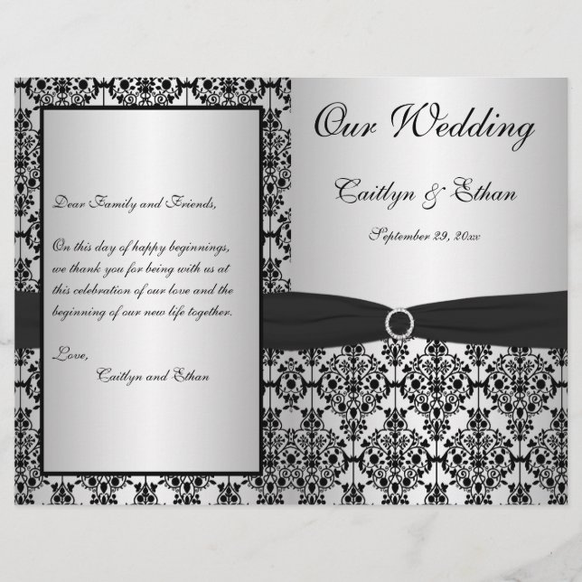 Silver and Black Damask Wedding Program (Front)