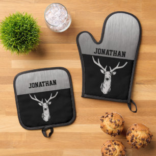 Silver and Black Deer Hunting Monogram Oven Mitt & Pot Holder Set