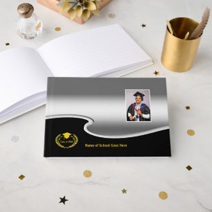 Silver and Black design Photo Gold Text Guest Book