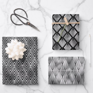 Silver and Black Diamond Art Deco Patterns Wrapping Paper Sheet