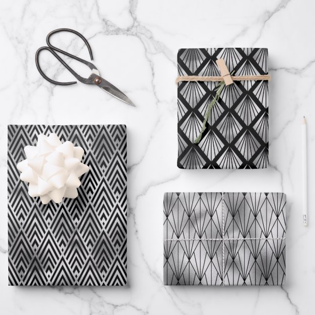 Silver and Black Diamond Art Deco Patterns Wrapping Paper Sheet (Front)