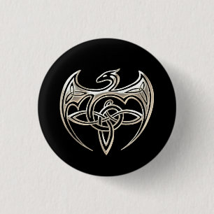 Silver And Black Dragon Trine Celtic Knots Art 3 Cm Round Badge