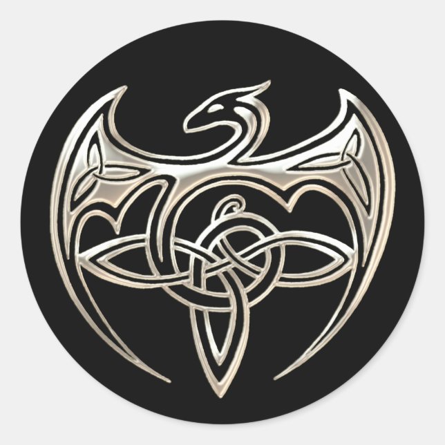 Silver And Black Dragon Trine Celtic Knots Art Classic Round Sticker (Front)