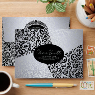 Silver and Black Elegant Damask Pattern Envelope