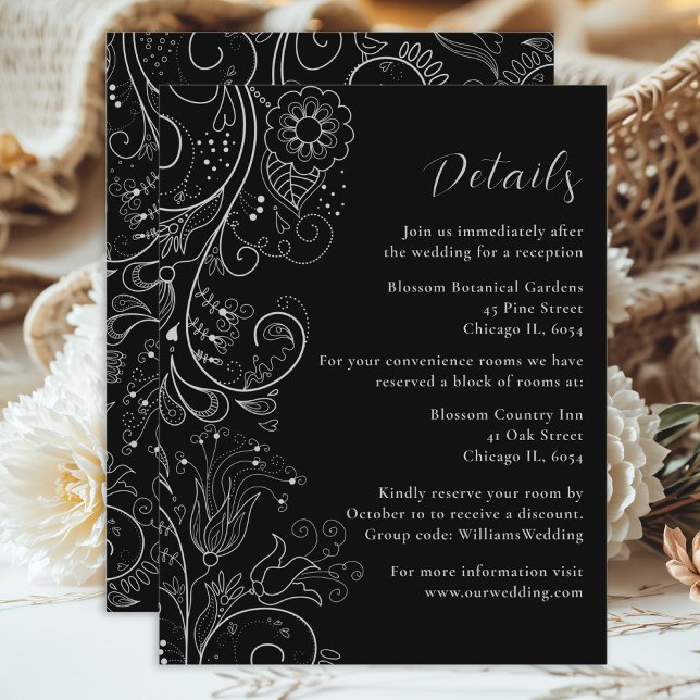 Silver and Black Elegant Floral Wedding Details Enclosure Card (Creator Uploaded)
