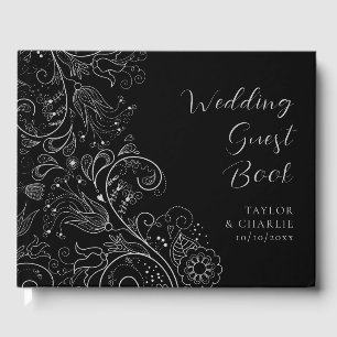 Silver and Black Elegant Floral Wedding Guest Book