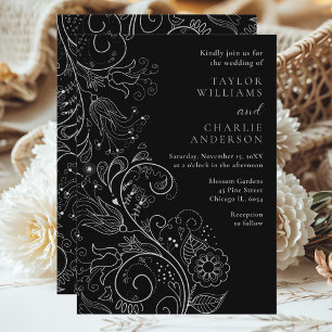 Silver and Black Elegant Floral Wedding Invitation