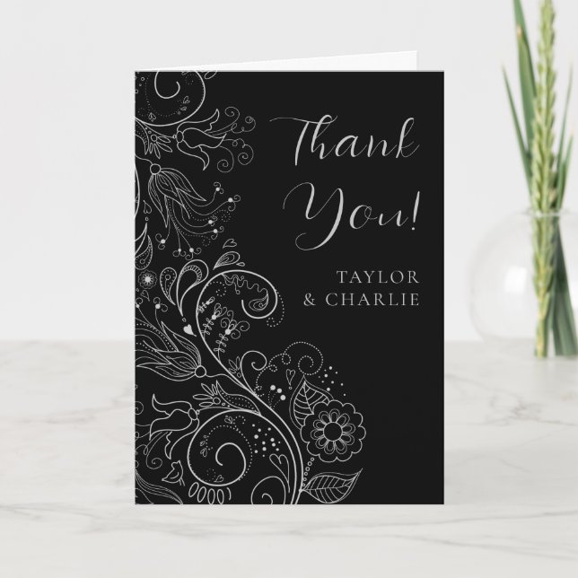 Silver and Black Elegant Floral Wedding Thank You Card (Front)