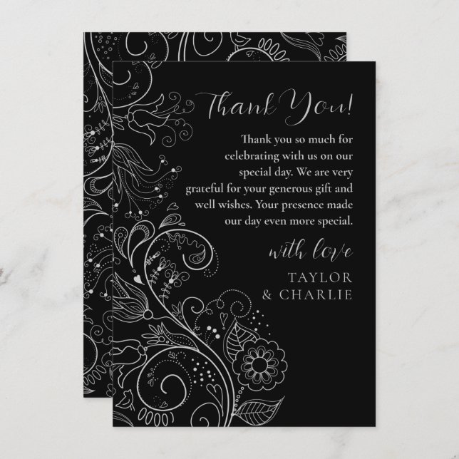 Silver and Black Elegant Floral Wedding Thank You Card (Front/Back)
